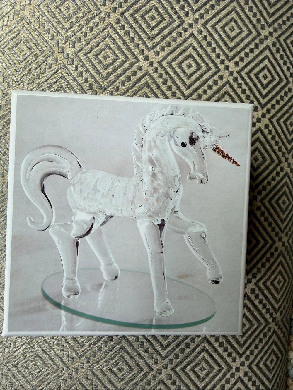 Glass Unicorn Figurine  Art - White and Clear Glass Unicorn NIB